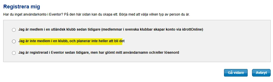 Bild som visar hur man kan skapa konto i Eventor oavsett om man är medlem i klubb eller ej. 